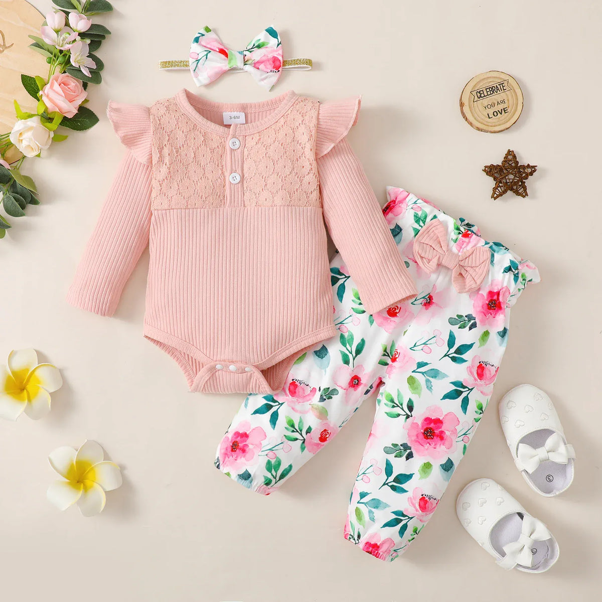 Pink / 3-6M Long Sleeve Romper, Floral Pants and Headband Set