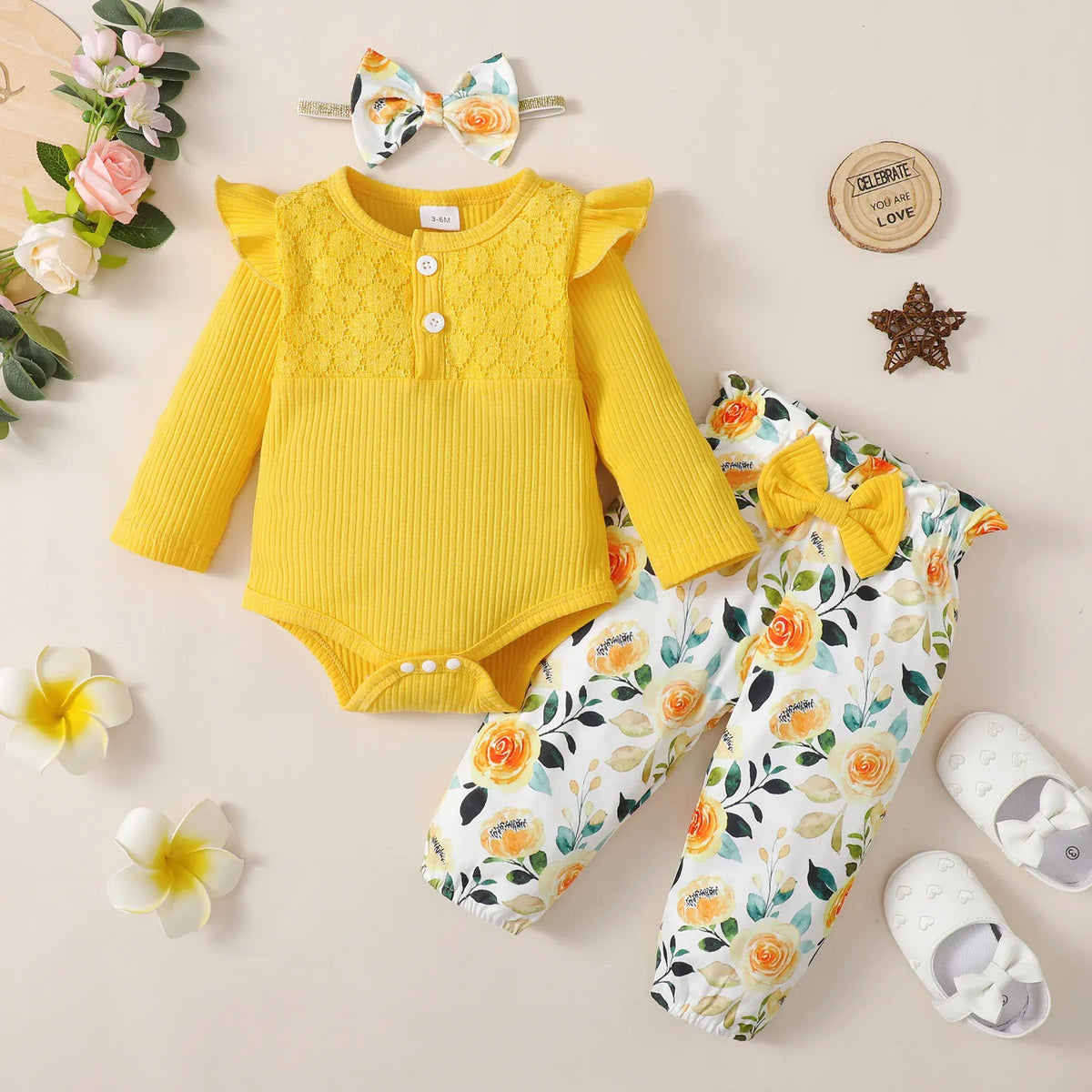 Yellow / 12-18M Long Sleeve Romper, Floral Pants and Headband Set
