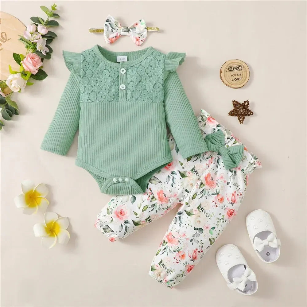 Green / 0-3M Long Sleeve Romper, Floral Pants and Headband Set