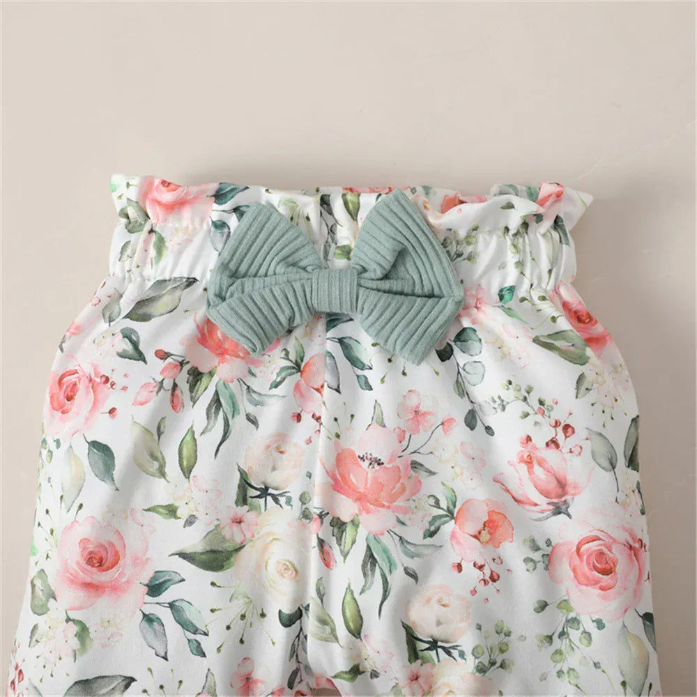 Long Sleeve Romper, Floral Pants and Headband Set