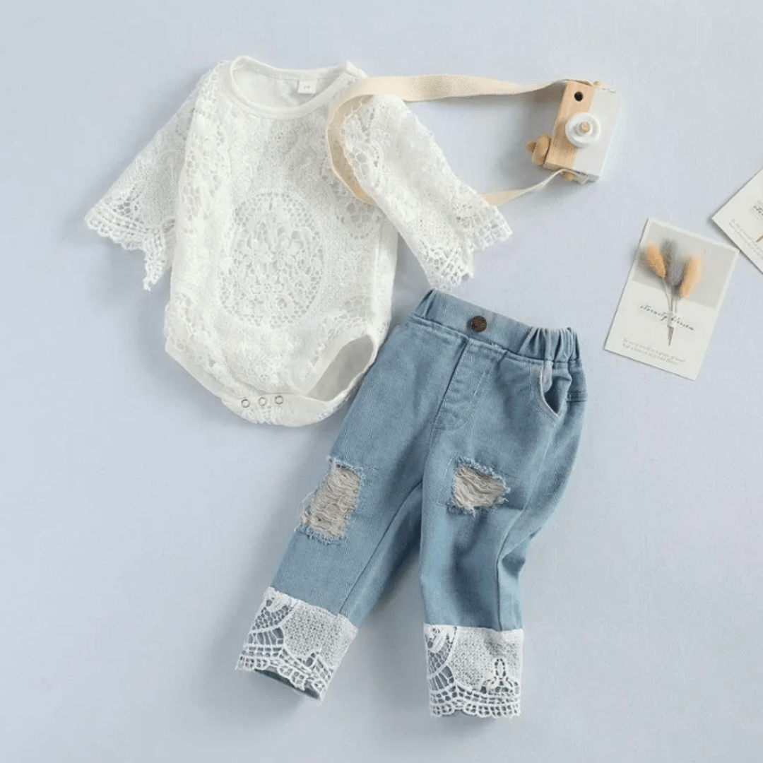 Girl's Clothing Long Sleeve Romper Tops Blue Denim Pants