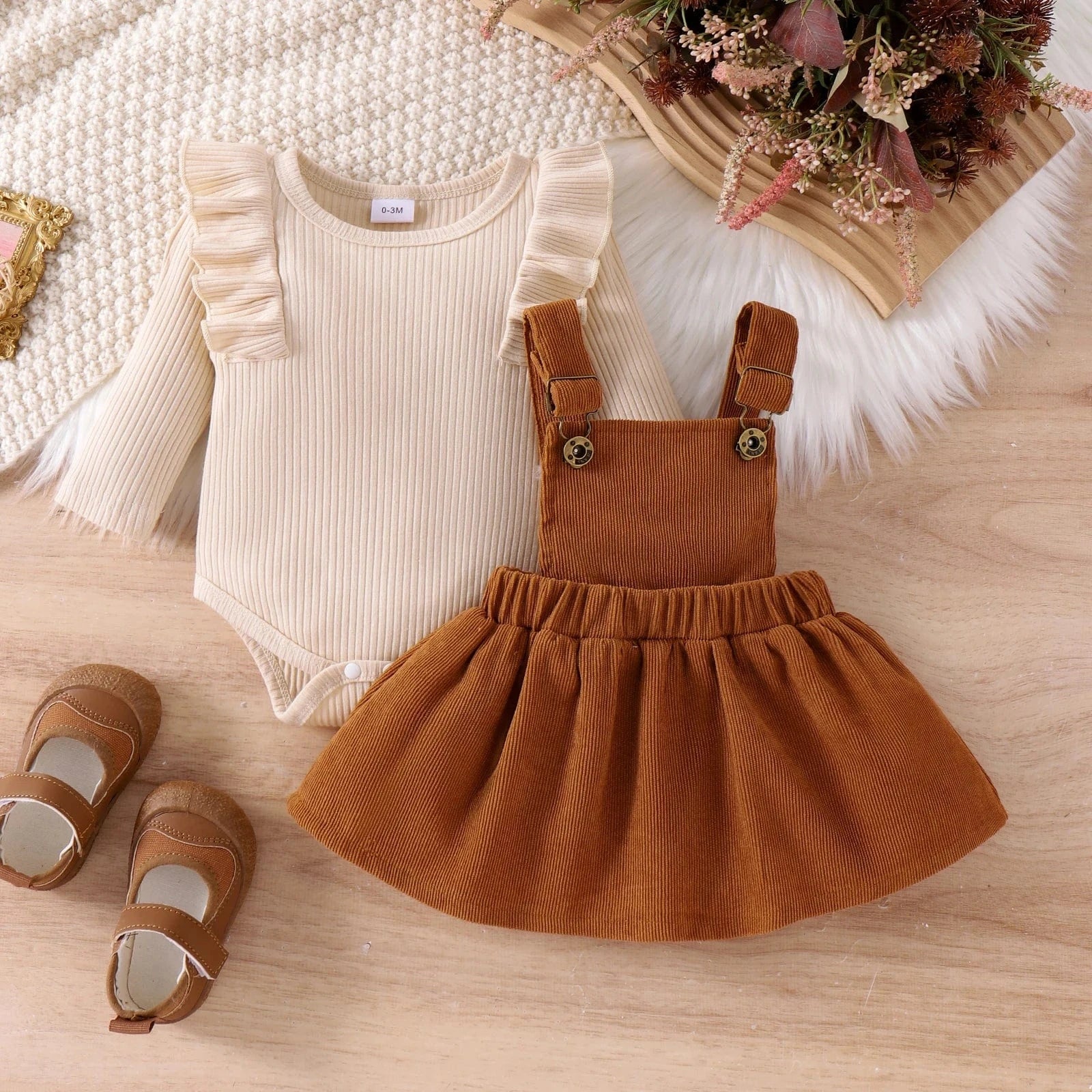Khaki / 0-3M Long-Sleeved Suit + Coffee Strap Skirt