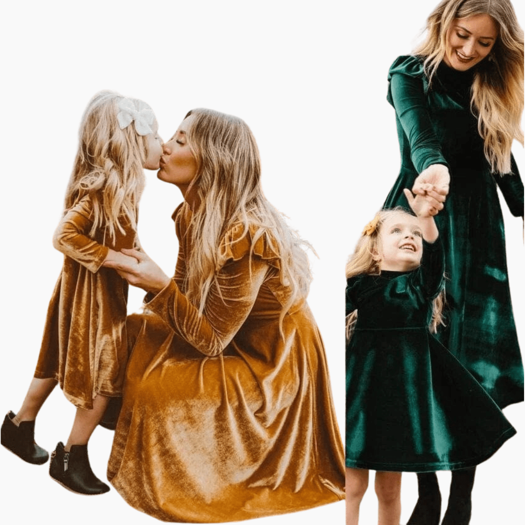 Matching Mother Daughter Velvet Dresses, Dark Blue / 8-9T