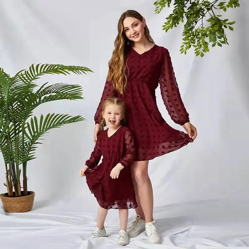 Girl's Clothing Wine / Daughter 2T Mommy and daughter Long Sleeve Chiffon Dress