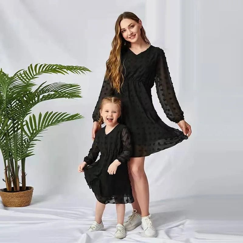 Girl's Clothing Black / Daughter 2T Mommy and daughter Long Sleeve Chiffon Dress