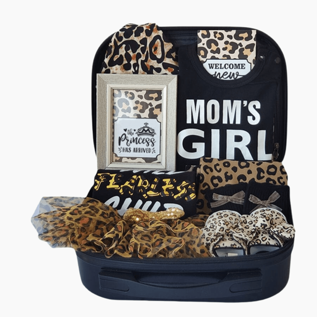 Baby & Toddler Momorii Baby Girl Gift Set, Leopard Theme, Jumpsuit, Romper, Socks, Beanie, In A Suitcase