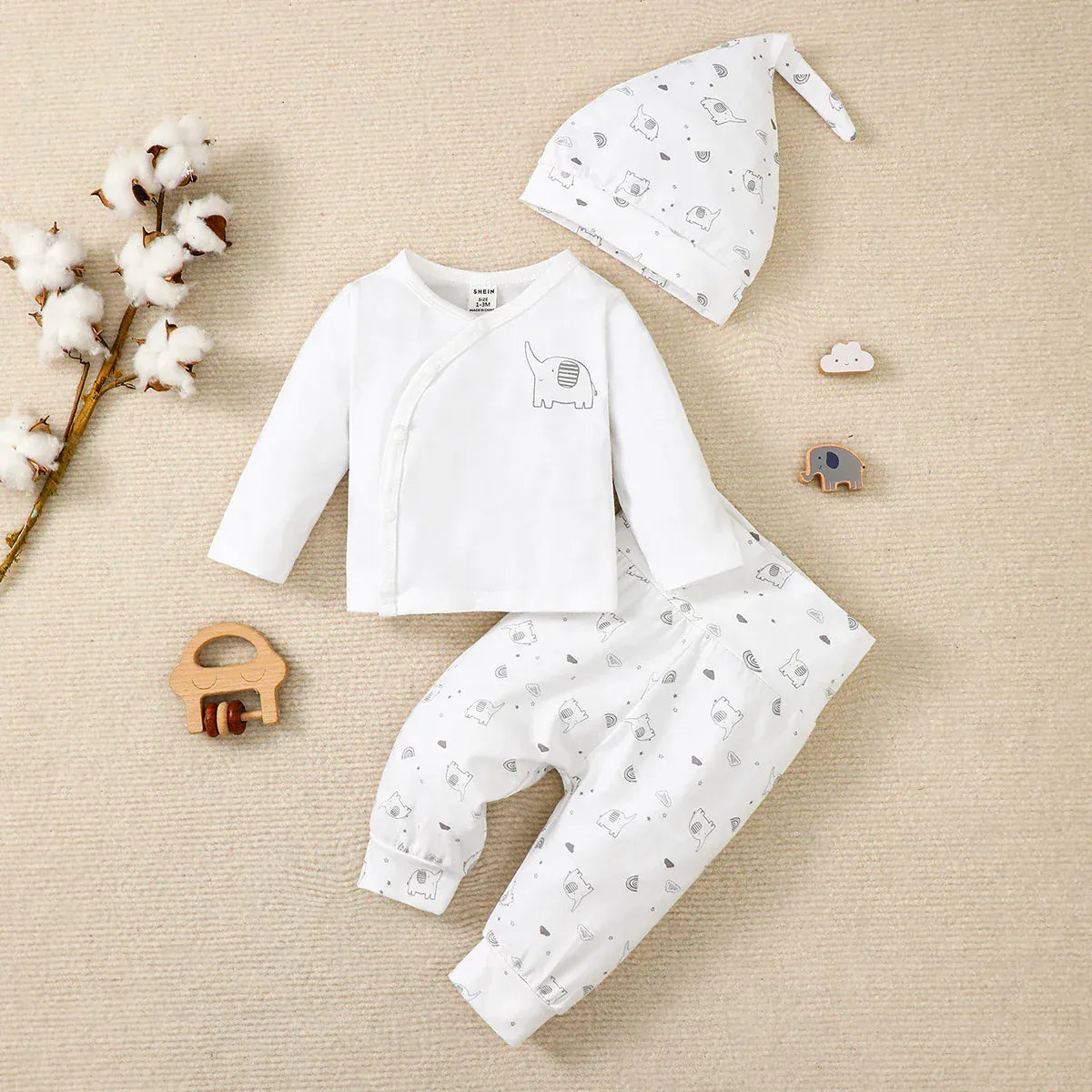 White / 0-1M Newborn Elephant 3-Piece Set