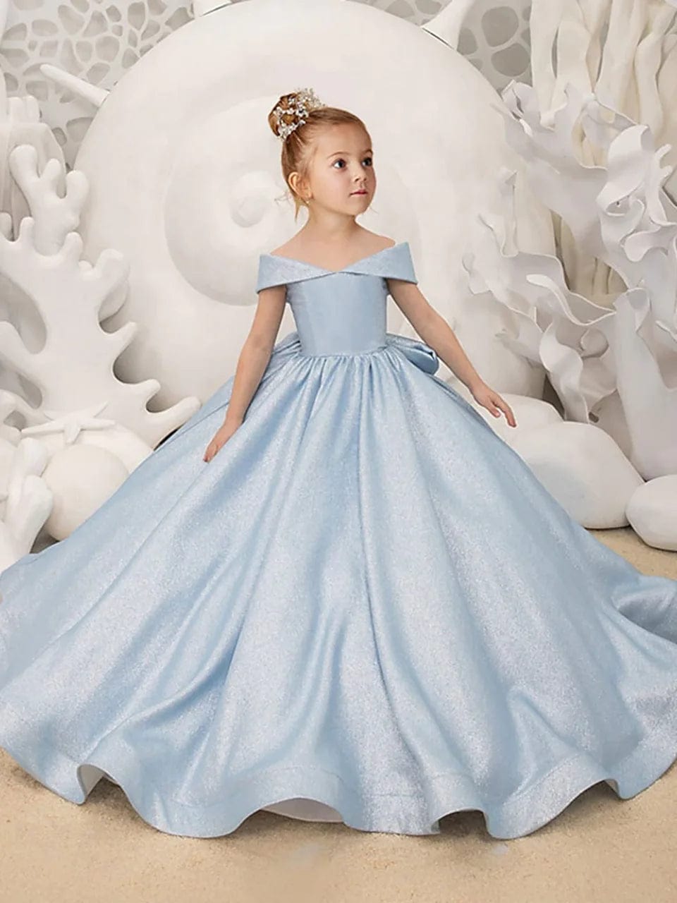 Light Blue / child-6 Off Shoulder Long Flower Girl