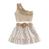 Beige / 2T One Shoulder Sleeveless Ruffle Ribbed Tops + Floral Skirts