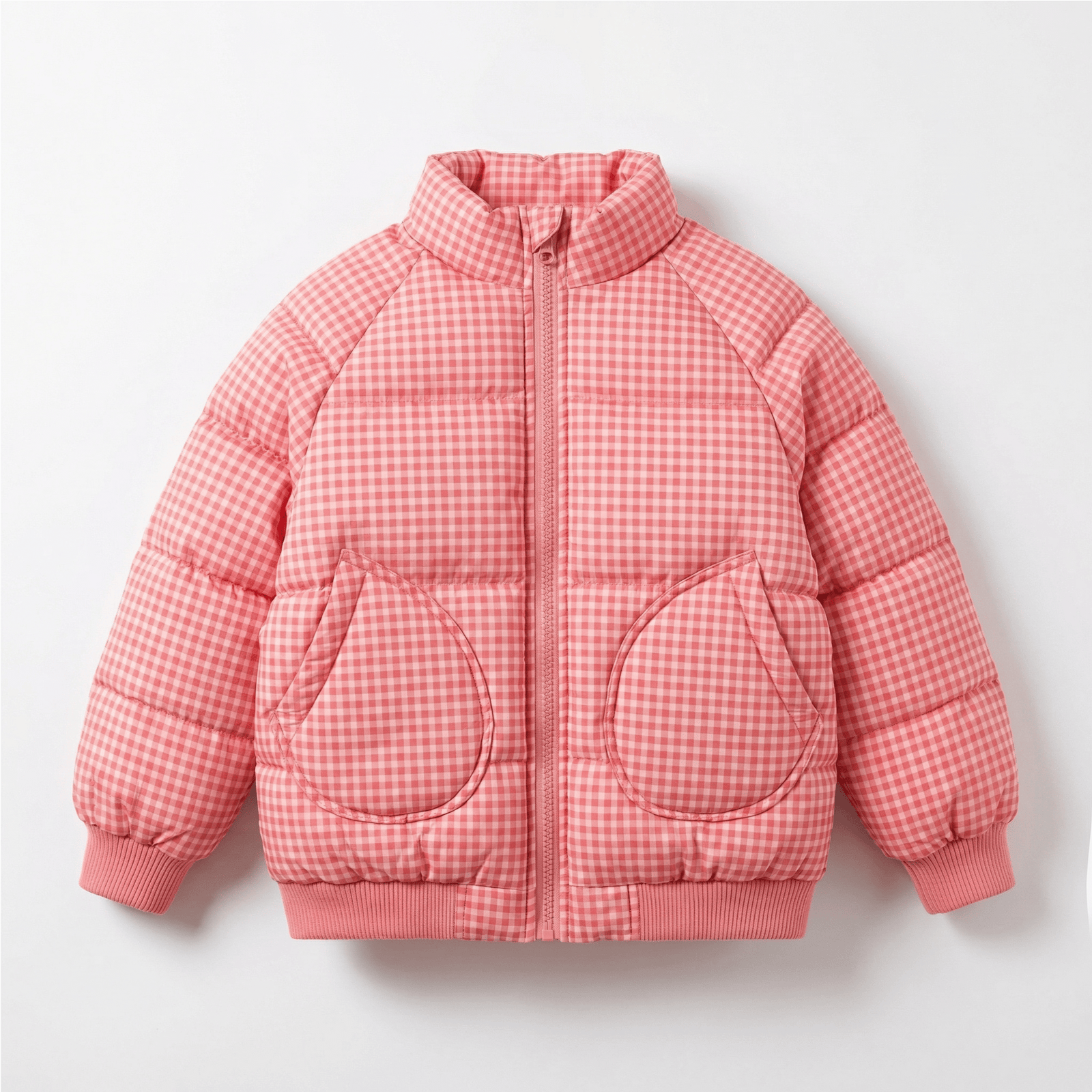 Pink Grid Plush-Lined Winter Jacket for Girls