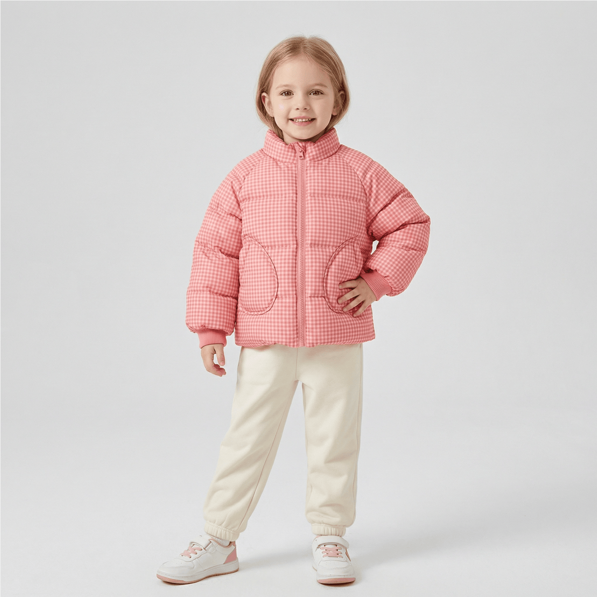 Pink Grid Plush-Lined Winter Jacket for Girls