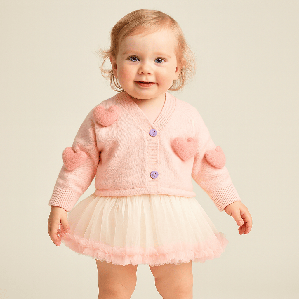 Girl's Clothing Pink Heart Cardigan and Tulle Skirt Set
