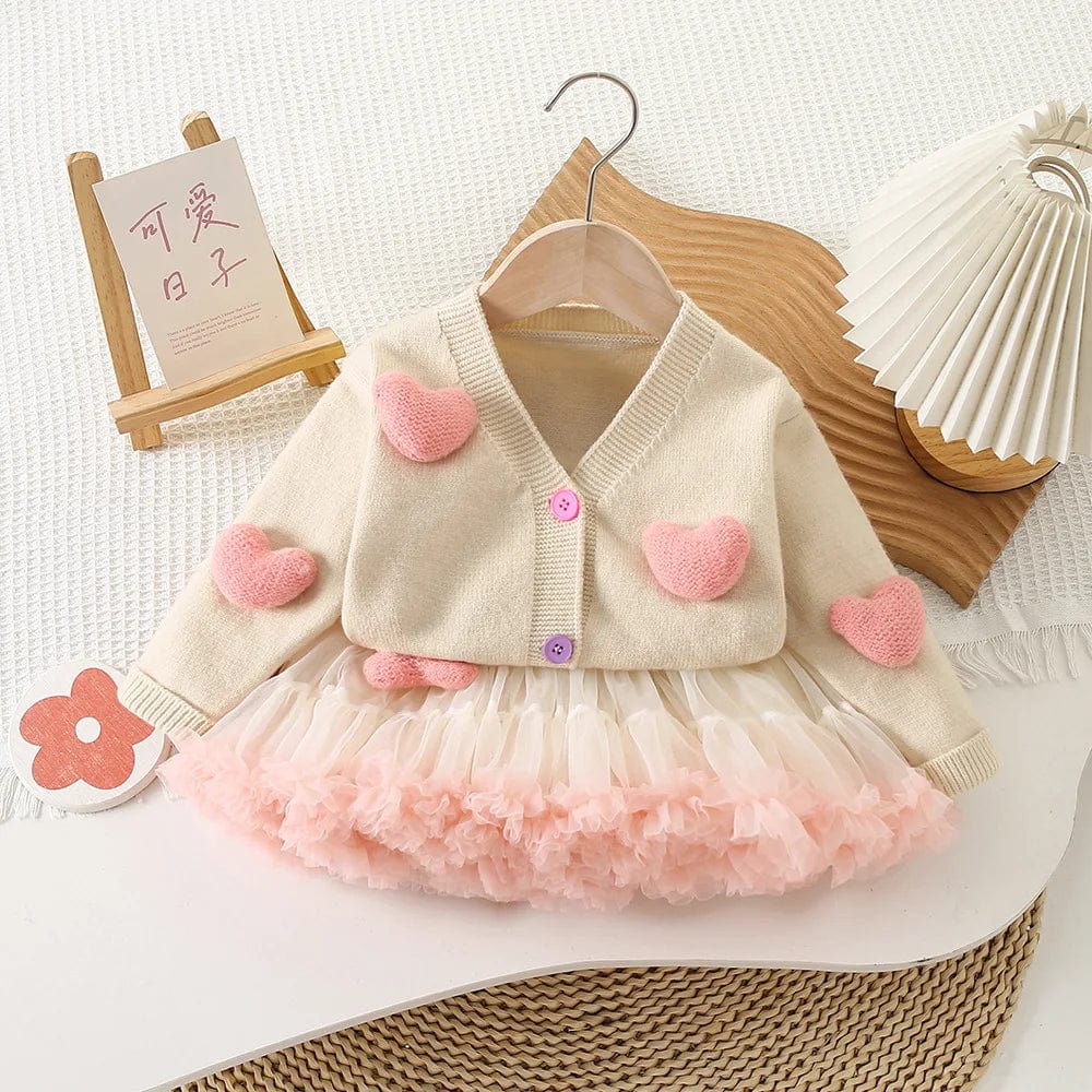 Girl's Clothing Beige set / 2T Pink Heart Cardigan and Tulle Skirt Set