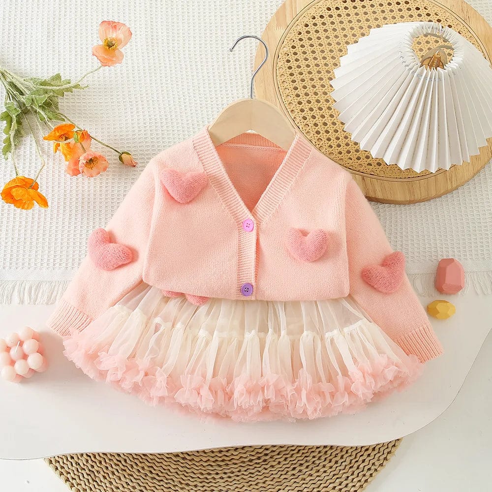 Girl's Clothing Pink Heart Cardigan and Tulle Skirt Set