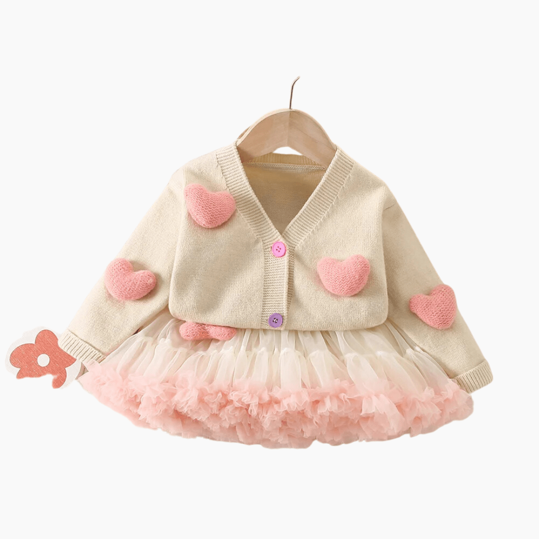 Girl's Clothing Pink Heart Cardigan and Tulle Skirt Set