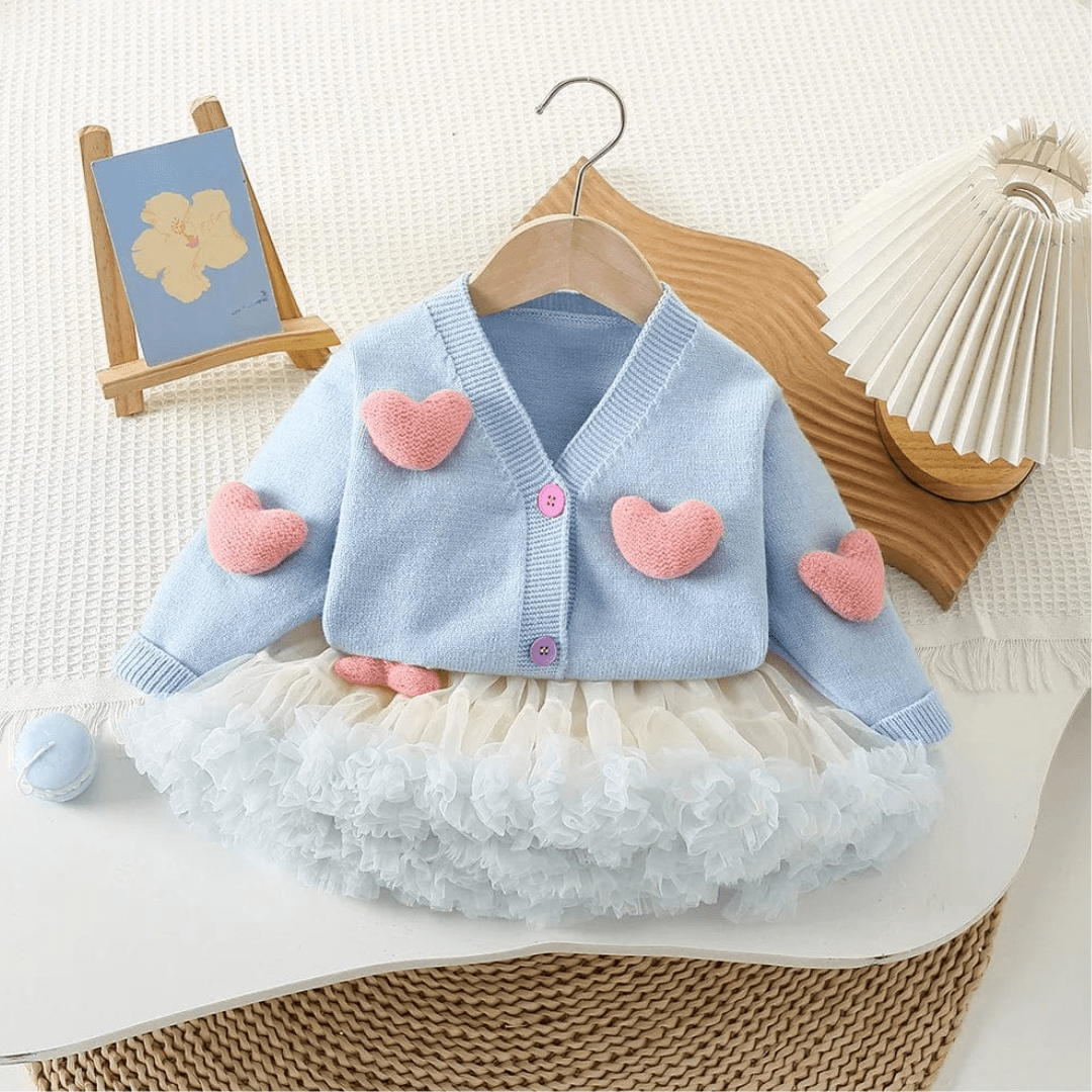 Girl's Clothing Pink Heart Cardigan and Tulle Skirt Set