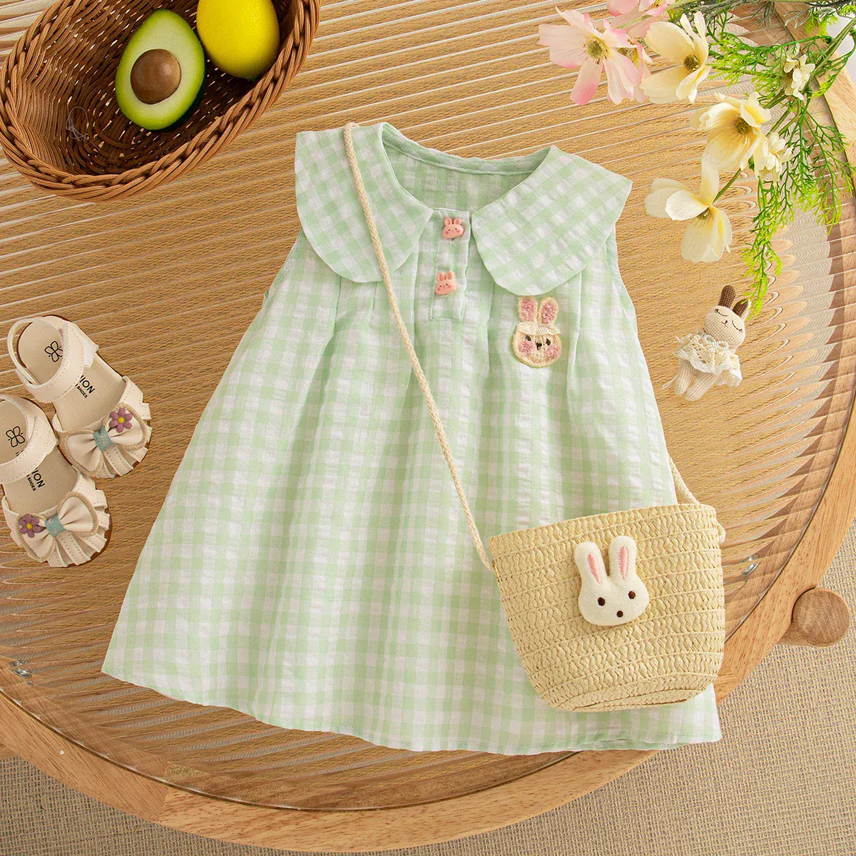 Green / 9-12M Plaid Dress & Matching Bunny Bag Set