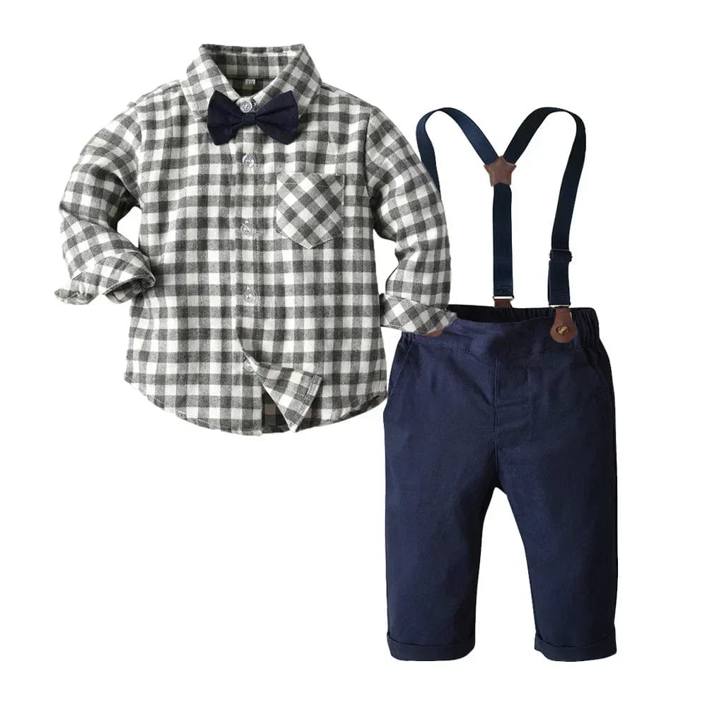 GRAY / 3-9M Plaid Shirt and strap pants