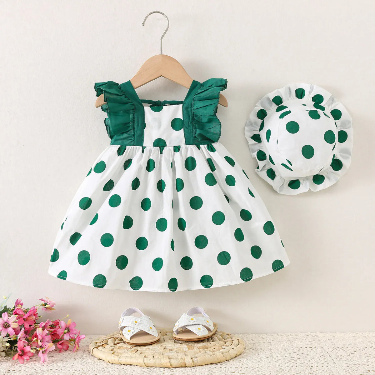 Polka Dot Dash Sleeve Dress & Hat Set for Baby Girls