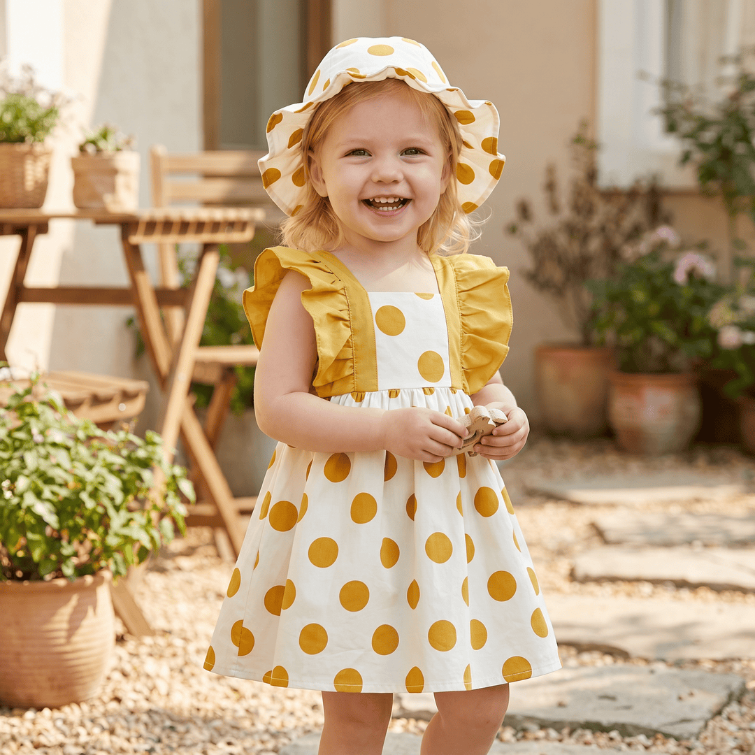 Polka Dot Dash Sleeve Dress & Hat Set for Baby Girls