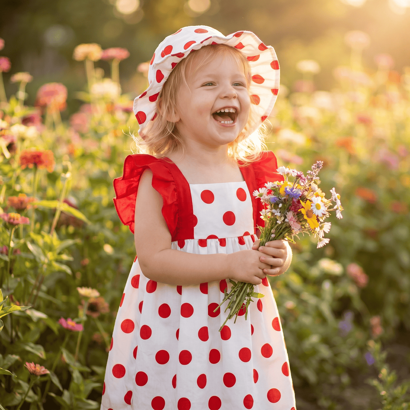 Polka Dot Dash Sleeve Dress & Hat Set for Baby Girls
