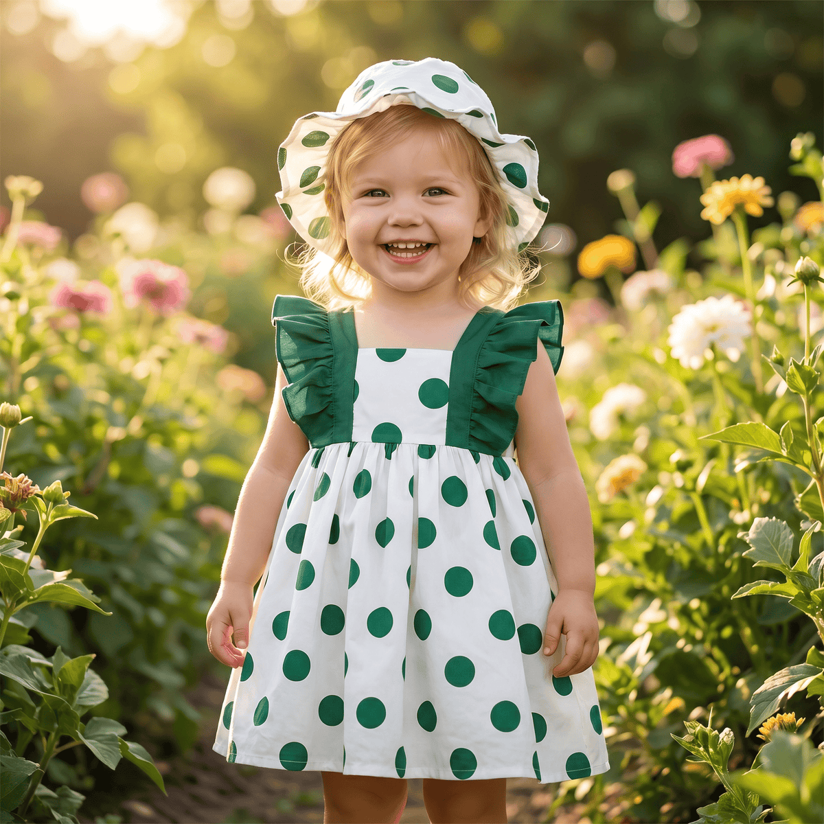 Polka Dot Dash Sleeve Dress & Hat Set for Baby Girls