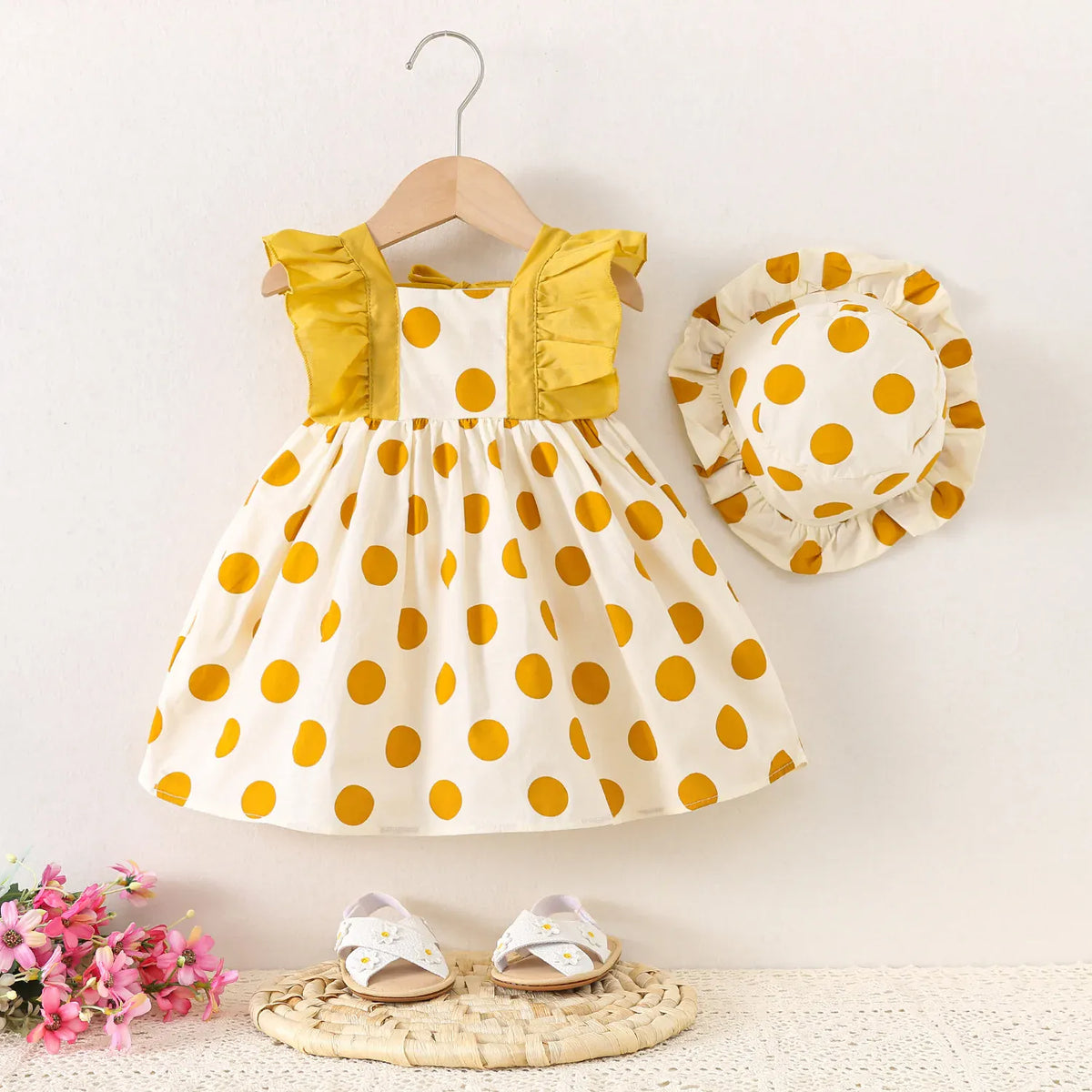 Yellow / 9-12M Polka Dot Dash Sleeve Dress & Hat Set for Baby Girls