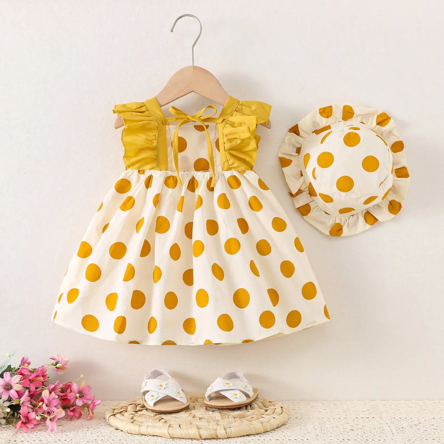 Polka Dot Dash Sleeve Dress & Hat Set for Baby Girls