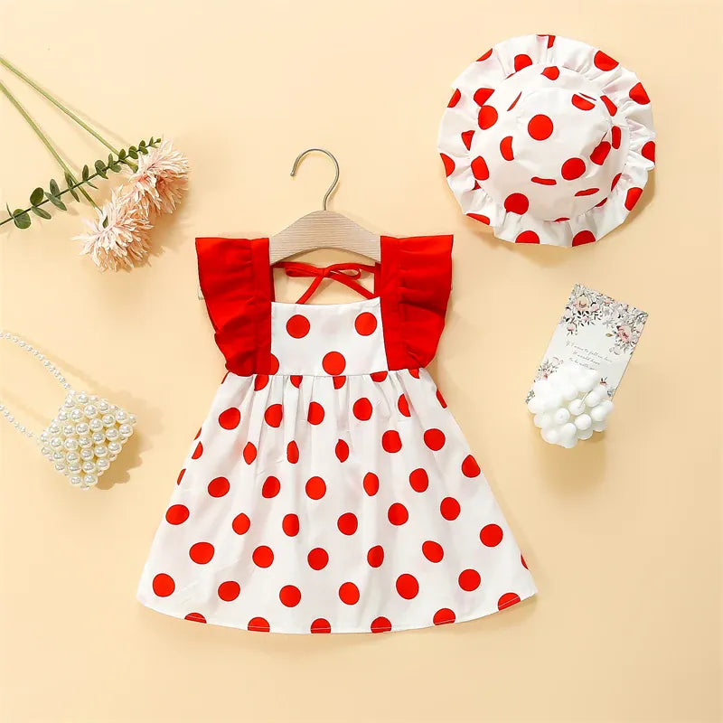 Polka Dot Dash Sleeve Dress & Hat Set for Baby Girls