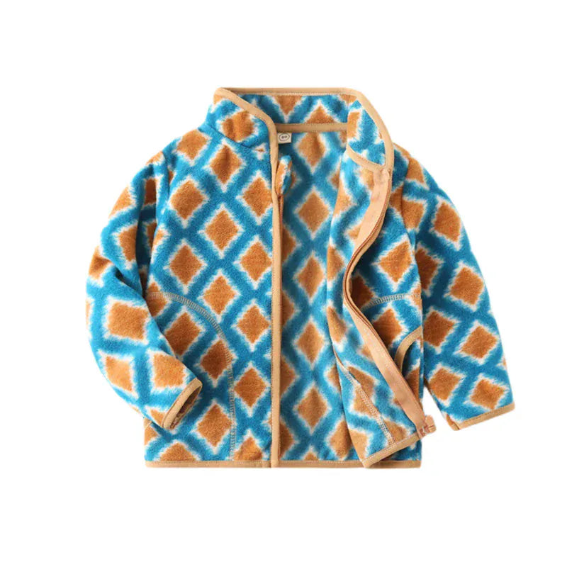 Blue Orange Geometric / 24M Printed Fleece Zipper Jacket for Kids