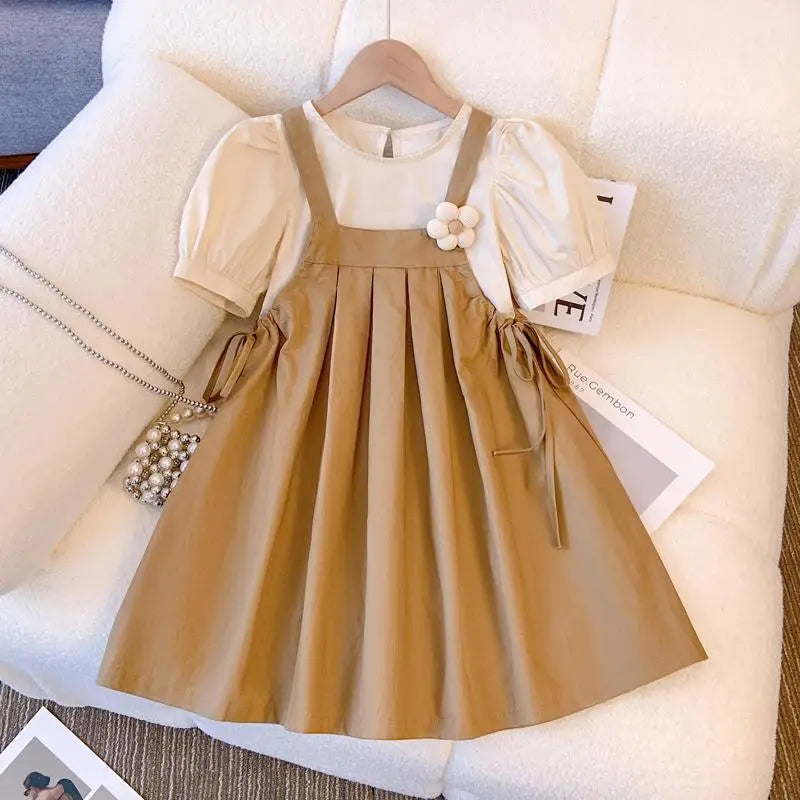 Khaki / 2T Puff Sleeve Top &amp; Suspender Skirt