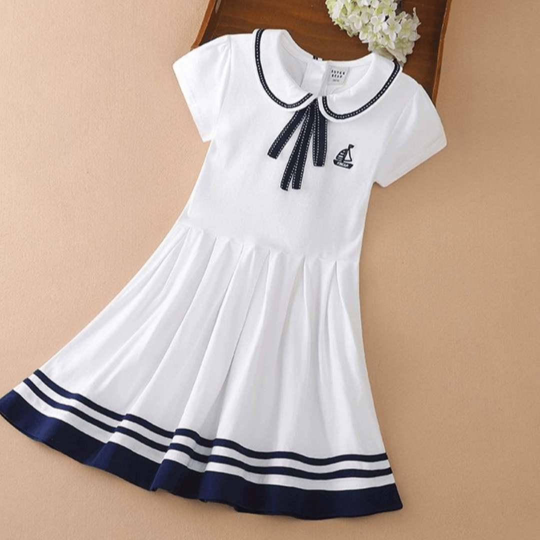 Retro Sailor Collar Girls Dress, White / 9-10T