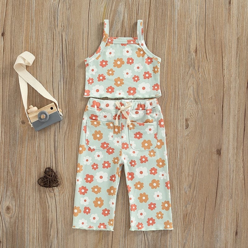 Ribbed Floral Print Sleeveless Tanks