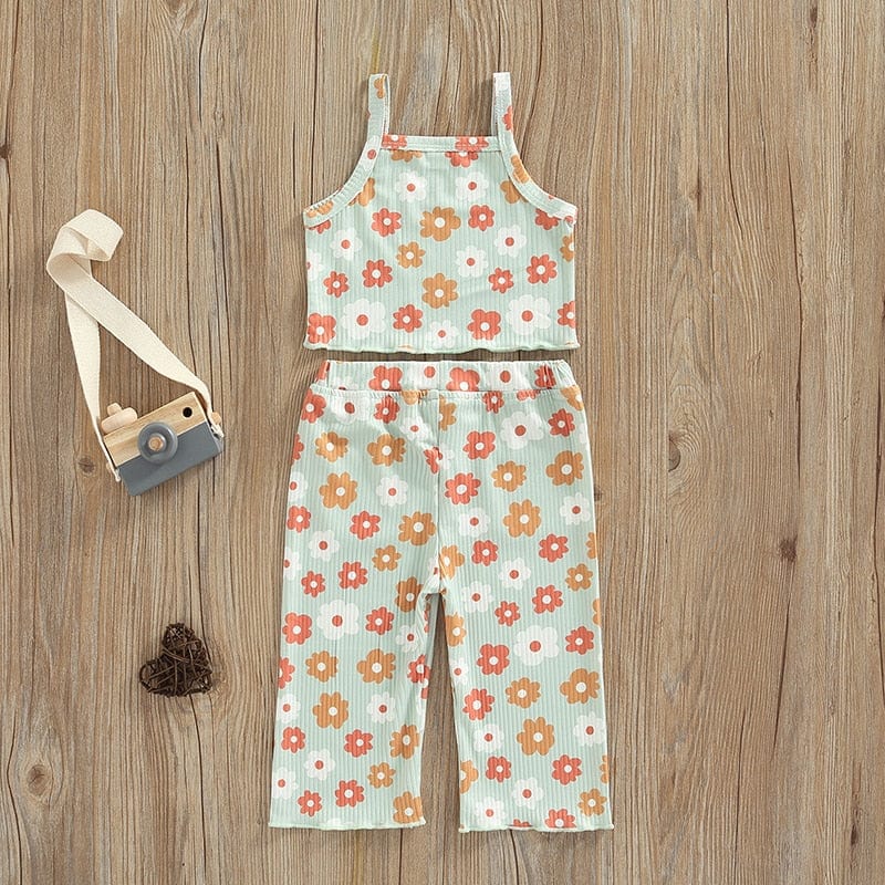 Ribbed Floral Print Sleeveless Tanks