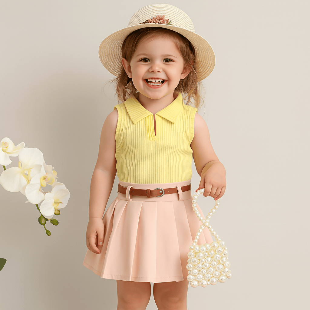 Ribbed Lapel Vest Top and Pleated Skirt Set