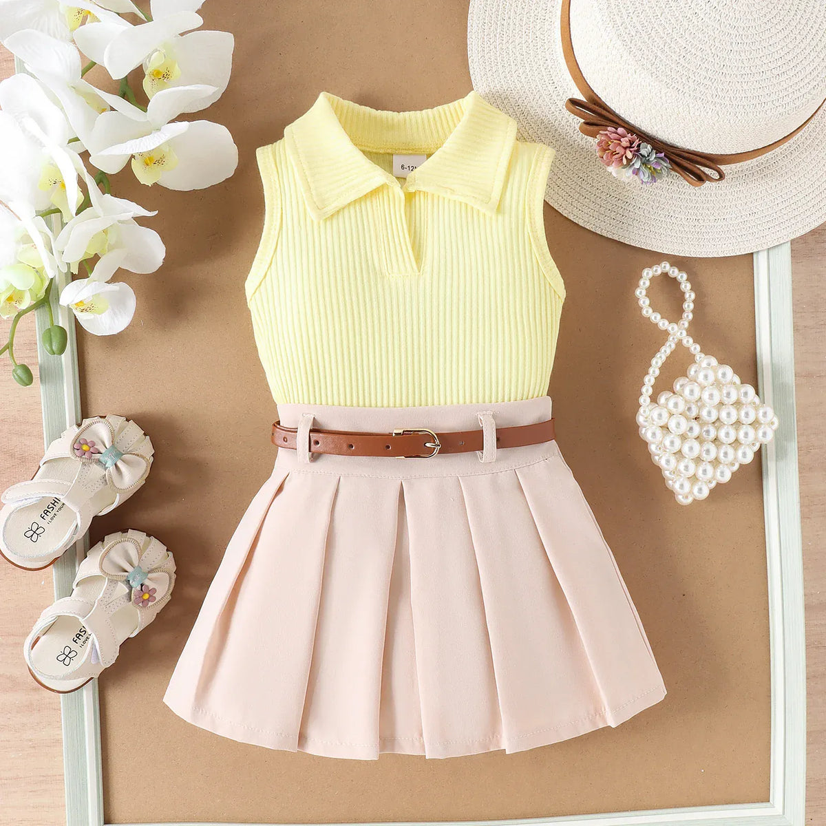 Yellow / 6-12M Ribbed Lapel Vest Top and Pleated Skirt Set