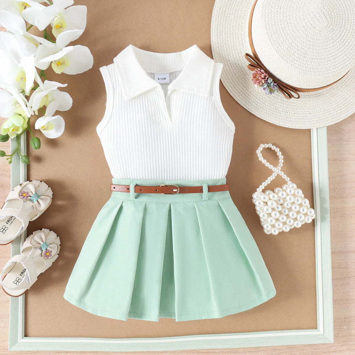 White / 3-4T Ribbed Lapel Vest Top and Pleated Skirt Set