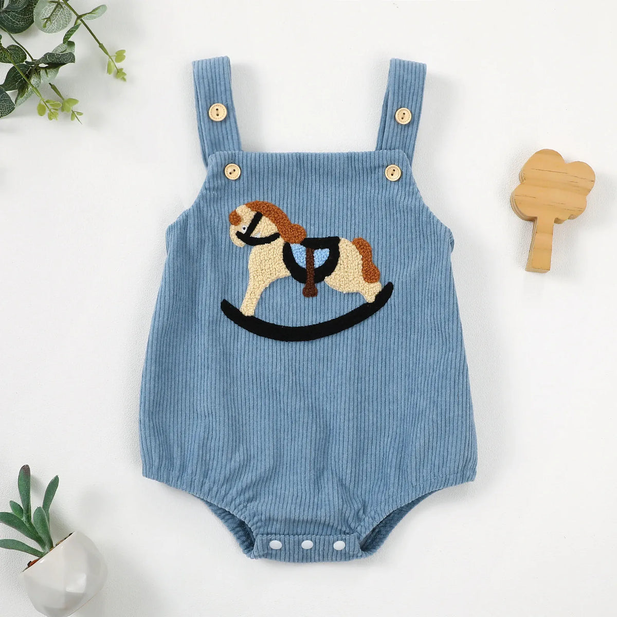 Rocking Horse Embroidered Corduroy Overalls