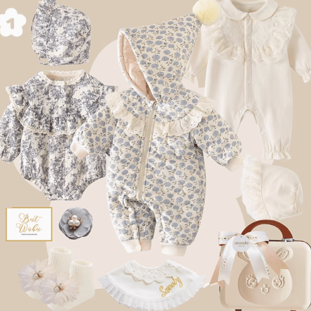 A / 0-3M Rococo Blue &amp; Grey” Baby Girl Gift Set