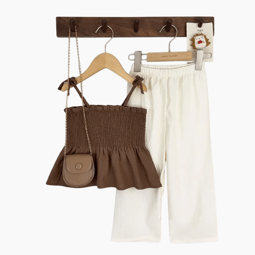 Girl's Clothing Ruffle Strap Top and Beige Pants Set