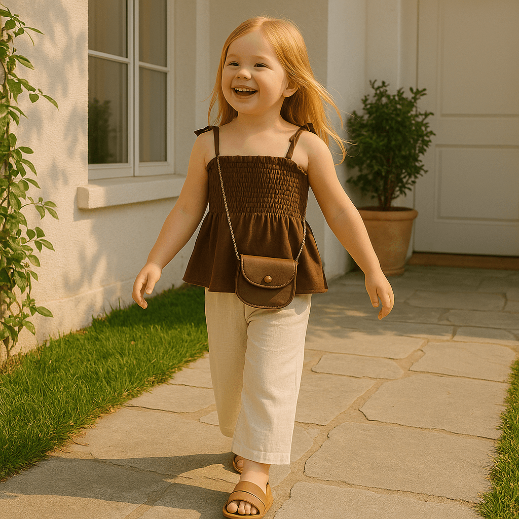 Girl's Clothing Ruffle Strap Top and Beige Pants Set