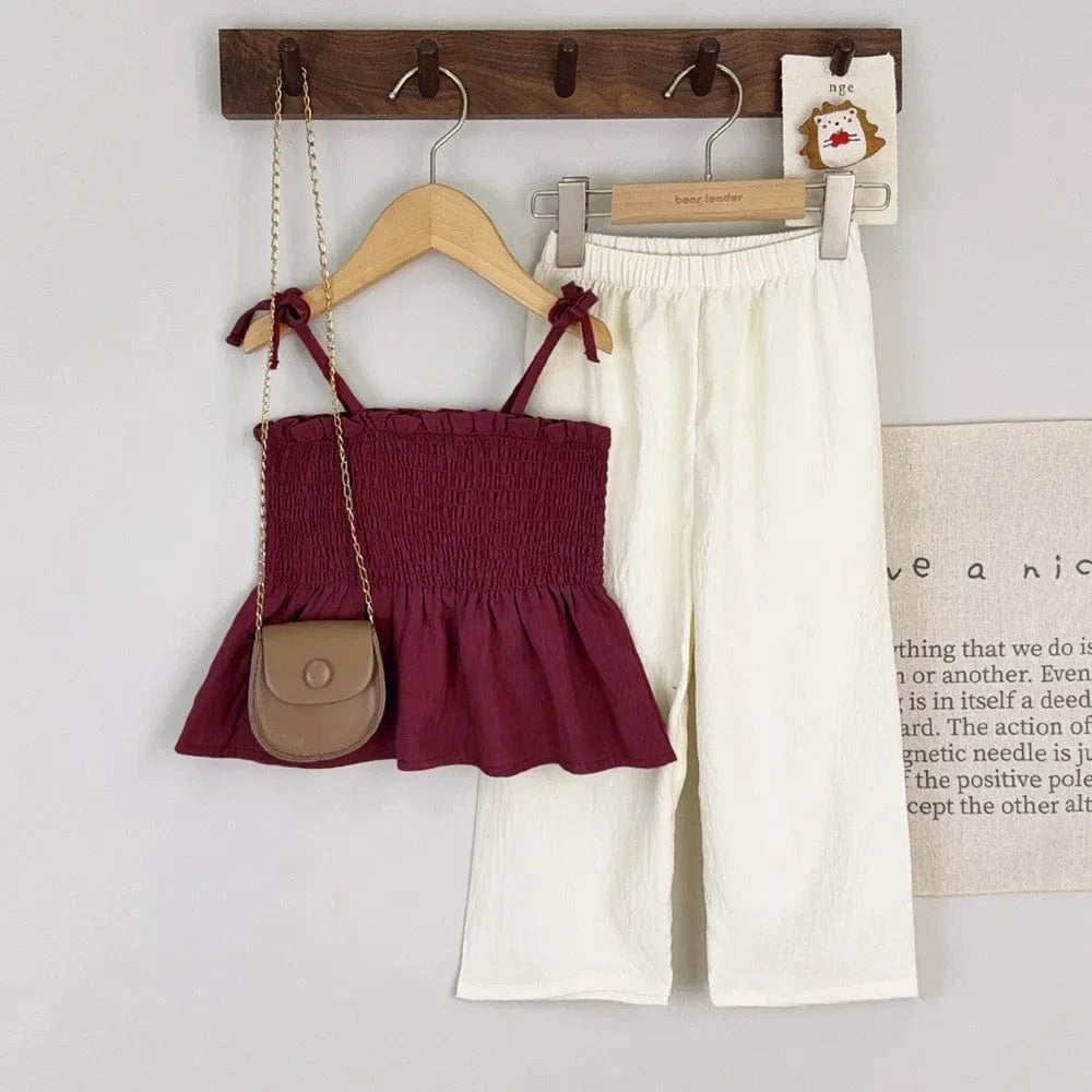 Girl's Clothing Red / 3T Ruffle Strap Top and Beige Pants Set