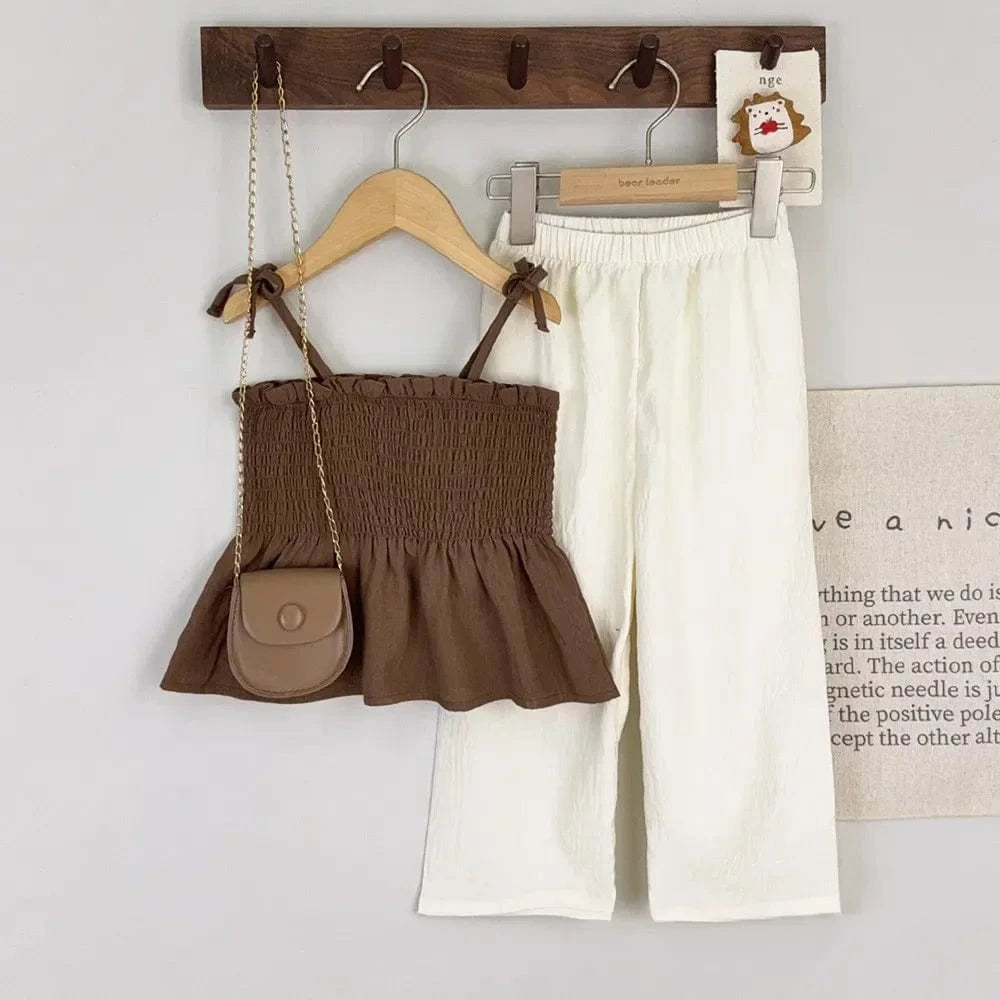 Girl's Clothing Brown / 3T Ruffle Strap Top and Beige Pants Set
