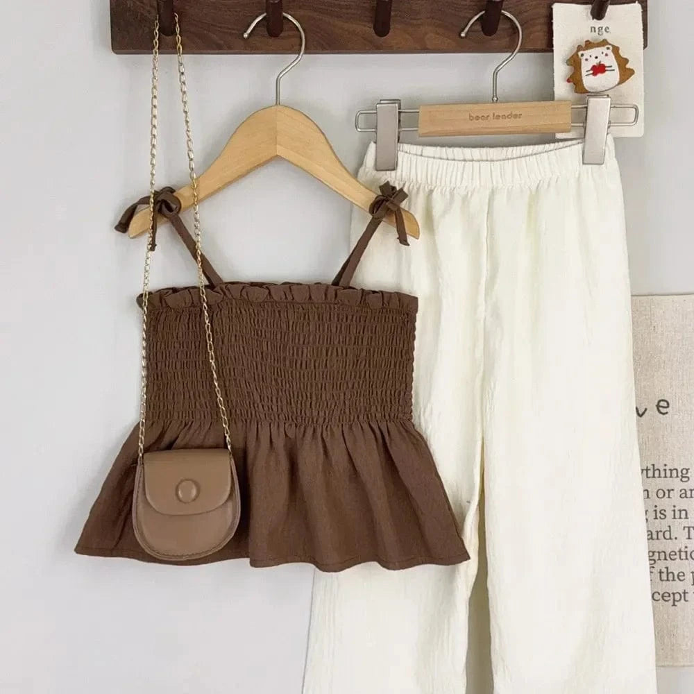 Girl's Clothing Ruffle Strap Top and Beige Pants Set