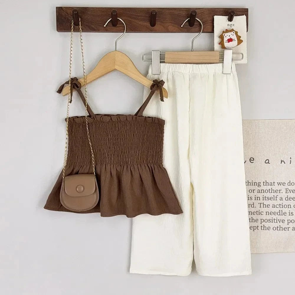 Girl's Clothing Ruffle Strap Top and Beige Pants Set