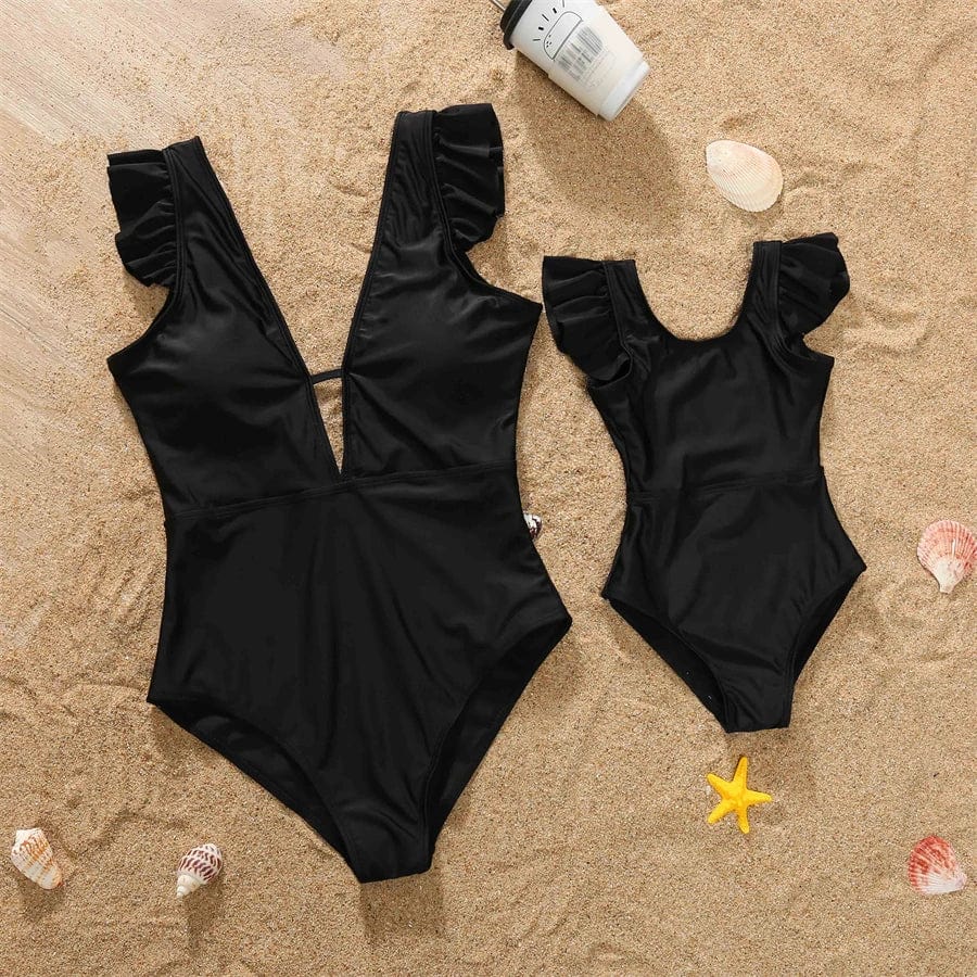SLM-811 (black) / BB Girl 6-9M Ruffled Mother Daughter Matching Swimsuits