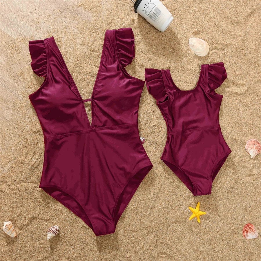 SLM-838 (wine) / Mother XL Ruffled Mother Daughter Matching Swimsuits