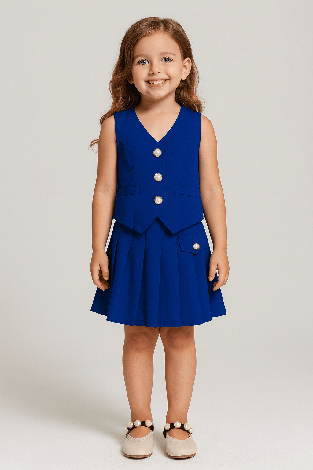 Sleeveless Button Vest and Pleated Skirt Outfit