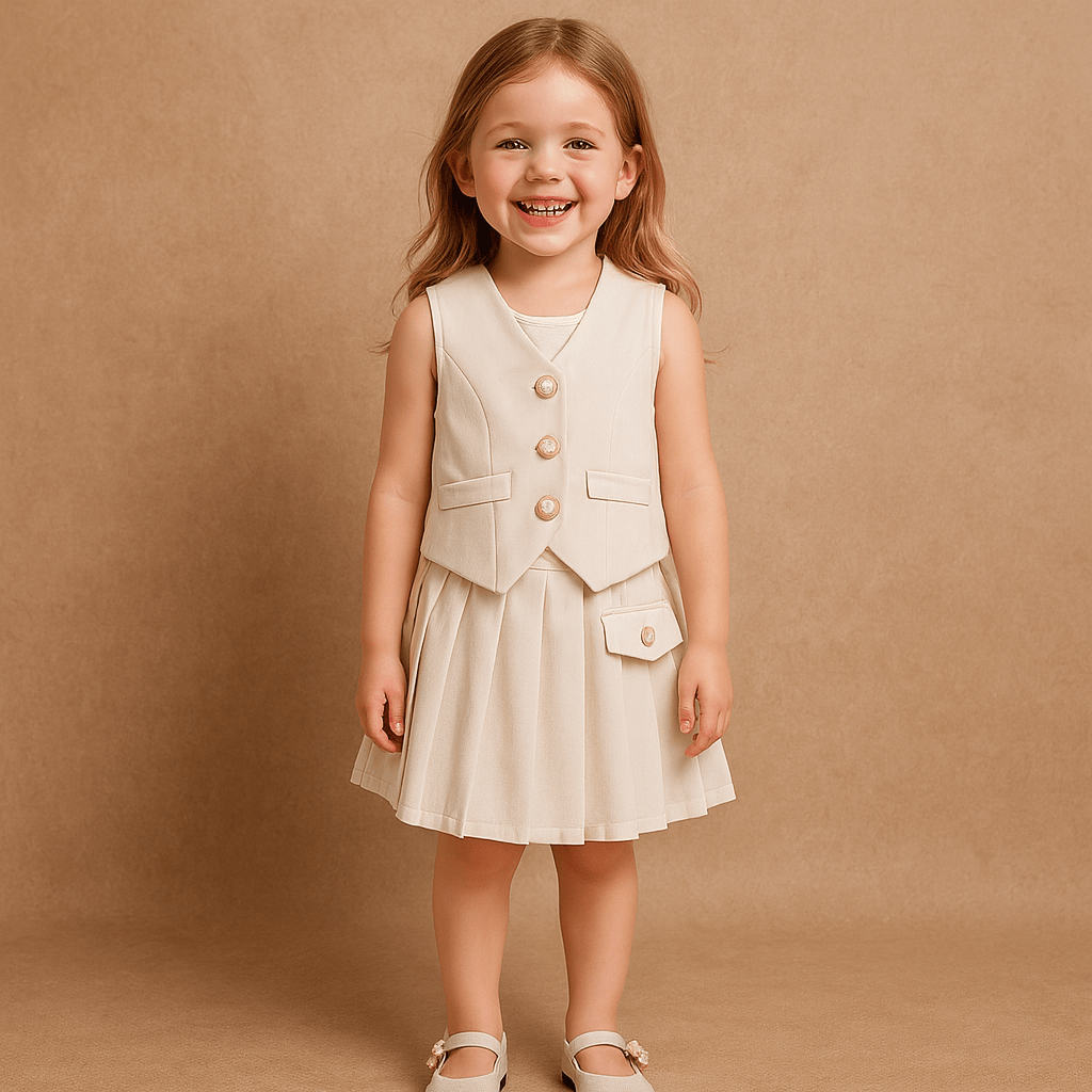 Sleeveless Button Vest and Pleated Skirt Outfit