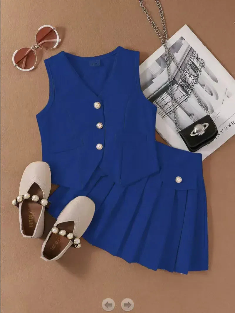 Blue / 3T Sleeveless Button Vest and Pleated Skirt Outfit